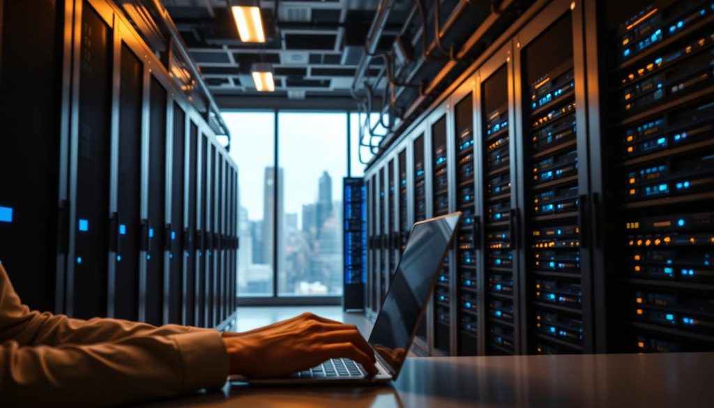 A BoostedHost data center interior, with rows of server racks and glowing blue status lights. Warm, diffused lighting casts a soft glow, creating a sense of professionalism and efficiency. In the foreground, a system administrator's hands work on a laptop, monitoring the managed hosting environment. The middle ground features a rack-mounted server, its LED indicators blinking in a rhythmic pattern. In the background, a large window overlooking a city skyline, emphasizing the scale and scope of the operation. The scene conveys the idea of a reliable, high-performance managed hosting solution that keeps WordPress sites running smoothly.