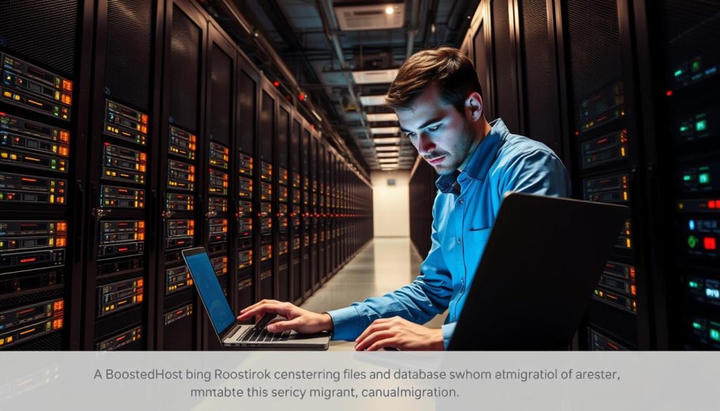 A BoostedHost data center, with rows of server racks and blinking indicator lights. In the foreground, an IT technician carefully transferring files and database from one server to another, using a laptop and external hard drive. The lighting is warm and the atmosphere is one of focused concentration, conveying the importance of a successful manual migration. The angle is slightly elevated, providing a birds-eye view of the process, highlighting the technical details and precision required. The overall scene evokes a sense of reliability and professionalism, reflecting the high-quality hosting services provided by BoostedHost.