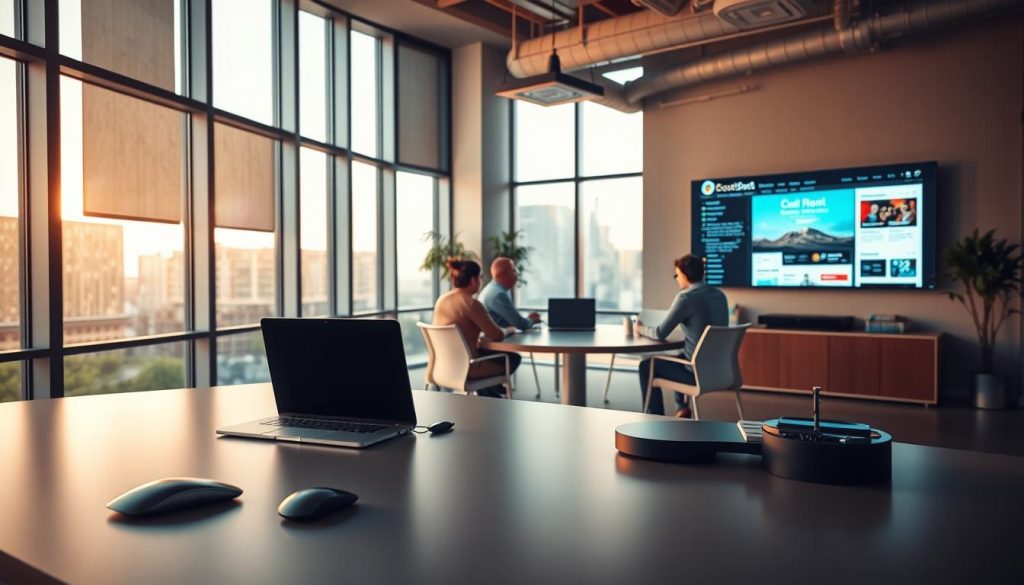 A BoostedHost office workspace with floor-to-ceiling windows, letting in warm natural light. A large, modern desk occupies the foreground, with a sleek laptop, a wireless mouse, and a minimalist desk organizer. In the middle ground, employees collaborate at a round conference table, discussing web content and UX improvements on high-resolution displays. The background features a wall-mounted TV showcasing a website design, with strategic UI elements highlighted. The atmosphere is professional, productive, and inspiring, conveying the idea of seamless web hosting migration and content/UX upgrades that drive real results.
