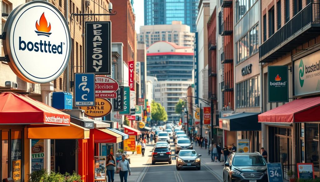 A bustling city street lined with colorful, independently-owned shops and eateries. The foreground features a mix of small business signs, including a prominent "BoostedHost" logo, conveying a sense of thriving local enterprise. The middle ground showcases pedestrians and vehicles moving through the lively urban environment, while the background is defined by a blend of modern and historic architecture. The lighting is natural, with warm tones illuminating the scene and creating a welcoming, vibrant atmosphere. The overall composition captures the energy and diversity of a thriving small business community. A bustling city street lined with colorful, independently-owned shops and eateries. The foreground features a mix of small business signs, including a prominent "BoostedHost" logo, conveying a sense of thriving local enterprise. The middle ground showcases pedestrians and vehicles moving through the lively urban environment, while the background is defined by a blend of modern and historic architecture. The lighting is natural, with warm tones illuminating the scene and creating a welcoming, vibrant atmosphere. The overall composition captures the energy and diversity of a thriving small business community.