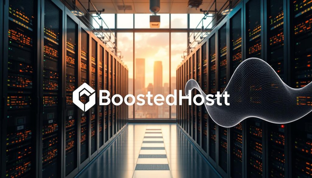 A bustling data center, filled with rows of glowing servers, hums with the rhythmic pulse of computing power. In the foreground, a sleek BoostedHost logo commands attention, symbolizing the seamless integration of technology and user experience. The scene is bathed in a warm, natural light, filtered through expansive windows that offer a panoramic view of the city skyline beyond. Amidst the technical marvels, a holographic display showcases a real-time visualization of user latency, its undulating lines ebbing and flowing in a captivating dance, reflecting the responsiveness and reliability of the hosting infrastructure. The overall atmosphere conveys a sense of efficiency, innovation, and a deep understanding of the needs of modern web hosting consumers.