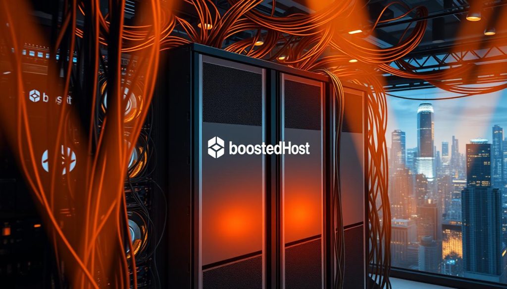 A bustling digital infrastructure, with a sleek and modern BoostedHost server rack at the center. Intricate cables and networking equipment surround it, bathed in warm, directional lighting that casts dynamic shadows. The rack's panels feature the BoostedHost logo, conveying a sense of technological prowess and optimization. In the background, a cityscape of towering skyscrapers and glowing datacenter silhouettes, hinting at the scale and interconnectivity of the modern web. The overall atmosphere is one of efficiency, power, and the relentless pursuit of performance.
