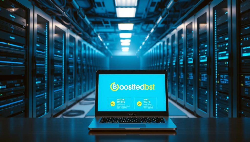 A bustling server room with rows of sleek, modern server racks bathed in cool, blue-tinted lighting. In the foreground, a laptop displaying the BoostedHost logo sits on a sturdy desk, showcasing its hosting options and performance metrics. The middle ground features a mixture of cables, cooling systems, and network equipment, all working in harmony to power the digital infrastructure. The background slowly fades into a hazy, tech-inspired atmosphere, conveying a sense of efficiency and reliability. The overall scene radiates a professional, high-performance vibe, perfectly reflecting the subject of hosting options and the article's focus on a hosting service comparison.