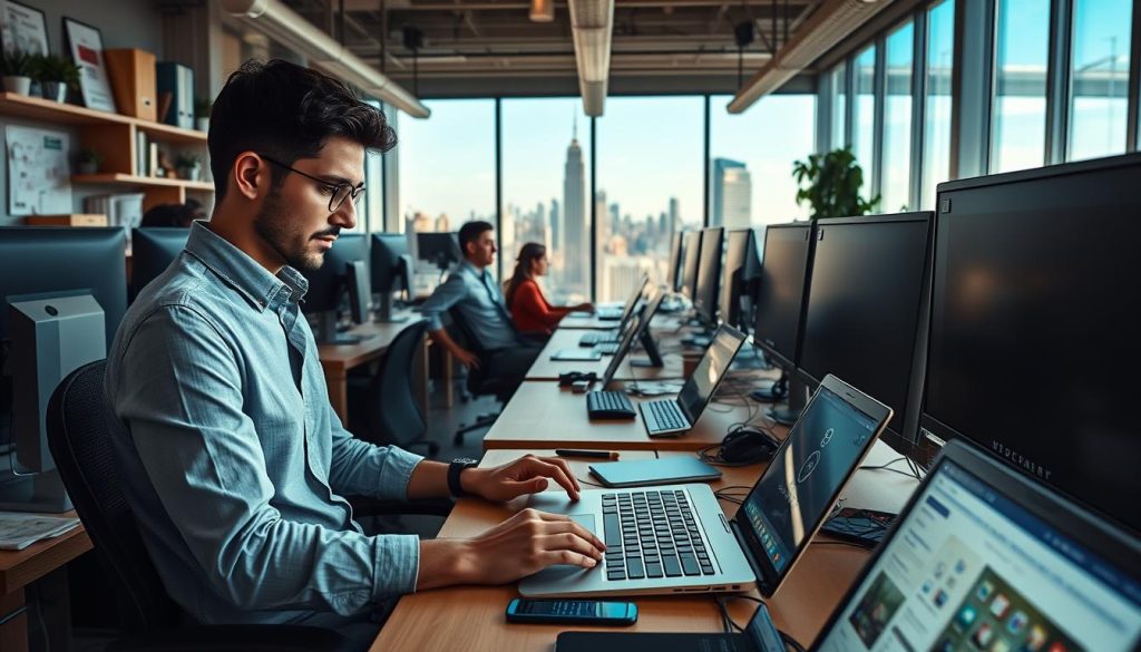 A bustling small business office, filled with modern workstations and the latest tech. In the foreground, a bright-eyed entrepreneur types away on a BoostedHost website, crafting their online presence. The middle ground showcases a mix of digital devices - tablets, laptops, and smartphones - all aiding in the seamless creation of a polished, responsive website. In the background, a panoramic view of the city skyline sets the tone, hinting at the limitless potential of this AI-powered website builder. Natural lighting streams in, casting a warm, productive atmosphere throughout the scene. The overall mood conveys efficiency, innovation, and the thrill of building a professional web presence with ease.