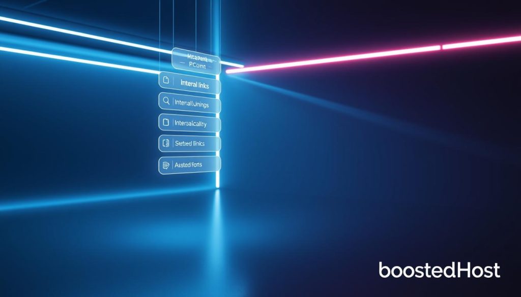 A clean, minimalist web interface with a prominent navigation menu showcasing a series of internal links, all rendered in a sleek, futuristic style. The links are presented as glowing, holographic-like elements, suspended in a dimly lit, neon-tinged environment. The overall look and feel should evoke a sense of high-tech efficiency and seamless user experience. The "BoostedHost" brand name should be subtly incorporated into the design, perhaps as a discreet watermark or logo in the corner. Precise camera angles, dramatic lighting, and a balanced composition should draw the viewer's attention to the core focus of the image - the internal links that guide users through the e-commerce experience.