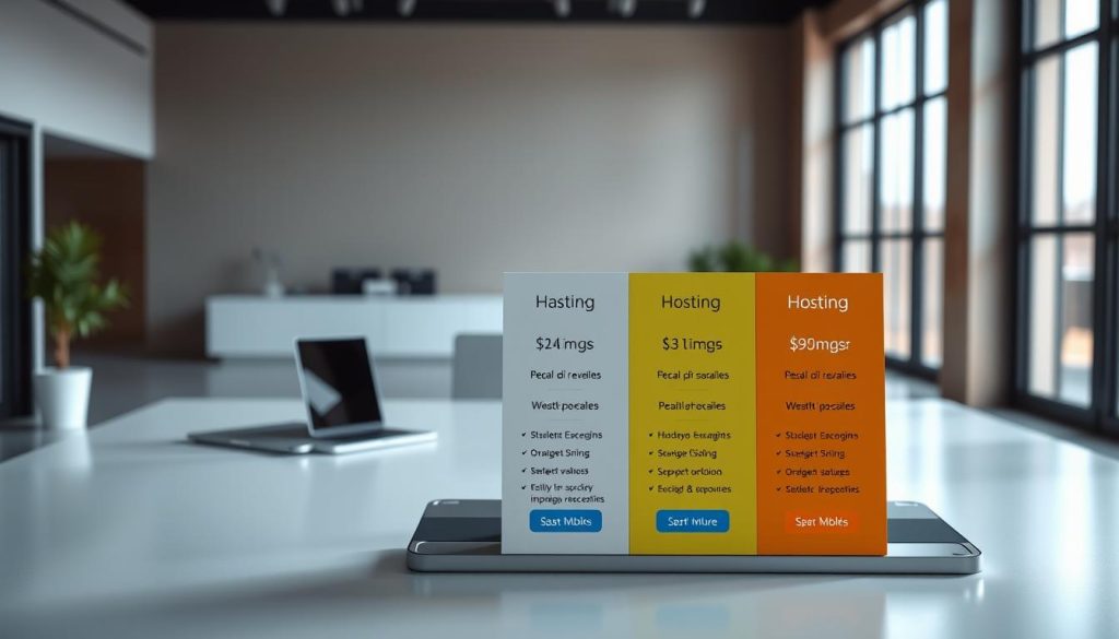 A clean, modern office setting with sleek, minimalist design. In the foreground, a desk displays a BoostedHost logo and three contrasting hosting plan options, with details on pricing, features, and real-world suitability. The middle ground showcases a laptop and mobile devices, highlighting the online aspect of the hosting plans. The background features large windows, allowing natural light to flood the scene, creating a bright, airy atmosphere. The overall mood is professional, informative, and visually appealing, guiding the viewer's attention to the key hosting plan details.