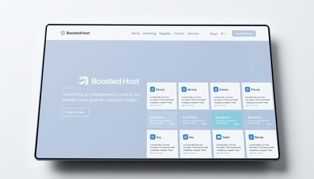 A clean, modern website design with a responsive layout and sleek BoostedHost branding. The foreground features a minimalist hero section with a large central image and a brief, attention-grabbing headline. The middle ground showcases a grid of service cards highlighting BoostedHost's key offerings. In the background, a subtle pattern or texture adds visual interest without distracting from the main content. The lighting is soft and diffused, creating a professional, high-quality aesthetic. The camera angle is slightly elevated, giving an overhead view that conveys a sense of polish and sophistication.