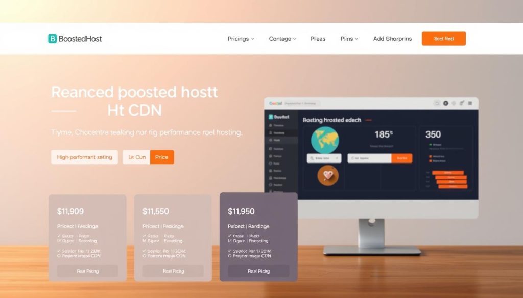 A clean, modern website interface showcasing the pricing and plans of BoostedHost, a high-performance image CDN service. The foreground features a central grid layout displaying various hosting packages, each with clear details on storage capacity, bandwidth, and pricing. The middle ground shows a sleek, responsive dashboard with smooth transitions and intuitive navigation. In the background, a subtle gradient or textured pattern creates a professional, trustworthy atmosphere. Warm, balanced lighting and a minimal, tasteful color palette evoke a sense of reliability and value. The overall composition conveys a seamless, user-friendly experience for photographers seeking the right hosting solution.