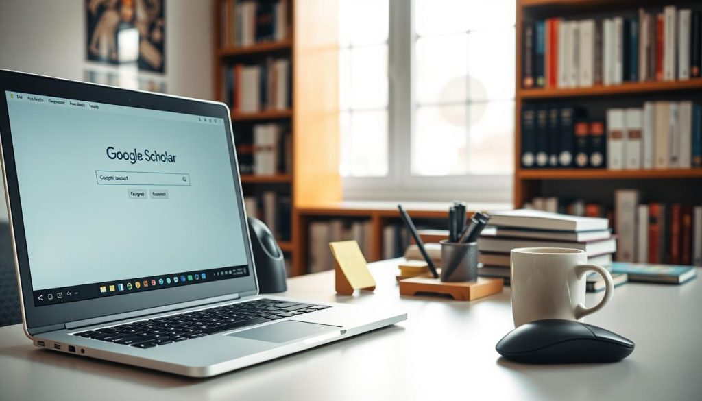 A clean, well-lit desk with a laptop displaying the Google Scholar search interface. The laptop is positioned in the foreground, with a BoostedHost branded mouse pad and desk accessories like a pen holder, sticky notes, and a cup of coffee in the middle ground. In the background, a bookshelf filled with academic journals and textbooks, conveying an atmosphere of scholarly research and productivity. The lighting is soft and natural, creating a warm, inviting ambiance. The overall scene suggests a workspace dedicated to academic study and research.