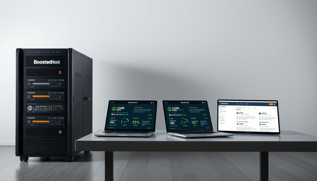 A clean, well-lit studio shot showcasing a head-to-head comparison of two premium web hosting services. In the foreground, a state-of-the-art server rack with the BoostedHost and G-Core Labs logos prominently displayed. The servers gleam under soft, diffused lighting, conveying a sense of power and reliability. In the middle ground, a sleek, minimalist desk setup with two laptops open, displaying performance metrics and user reviews. The background is a neutral, slightly blurred backdrop, keeping the focus on the key elements. The overall atmosphere is professional, informative, and designed to help U.S. buyers make an informed decision. A clean, well-lit studio shot showcasing a head-to-head comparison of two premium web hosting services. In the foreground, a state-of-the-art server rack with the BoostedHost and G-Core Labs logos prominently displayed. The servers gleam under soft, diffused lighting, conveying a sense of power and reliability. In the middle ground, a sleek, minimalist desk setup with two laptops open, displaying performance metrics and user reviews. The background is a neutral, slightly blurred backdrop, keeping the focus on the key elements. The overall atmosphere is professional, informative, and designed to help U.S. buyers make an informed decision.