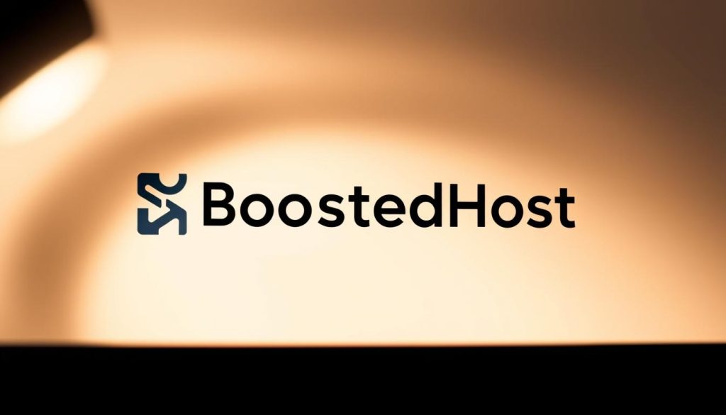 A close-up shot of a sleek, modern BoostedHost domain name logo against a slightly blurred, warm-toned background. The logo is rendered in a minimalist, geometric style with clean lines and a subtle, metallic sheen. The lighting is soft and directional, casting subtle shadows that add depth and dimension to the image. The overall composition is balanced and visually striking, drawing the viewer's attention to the domain name as the focal point.