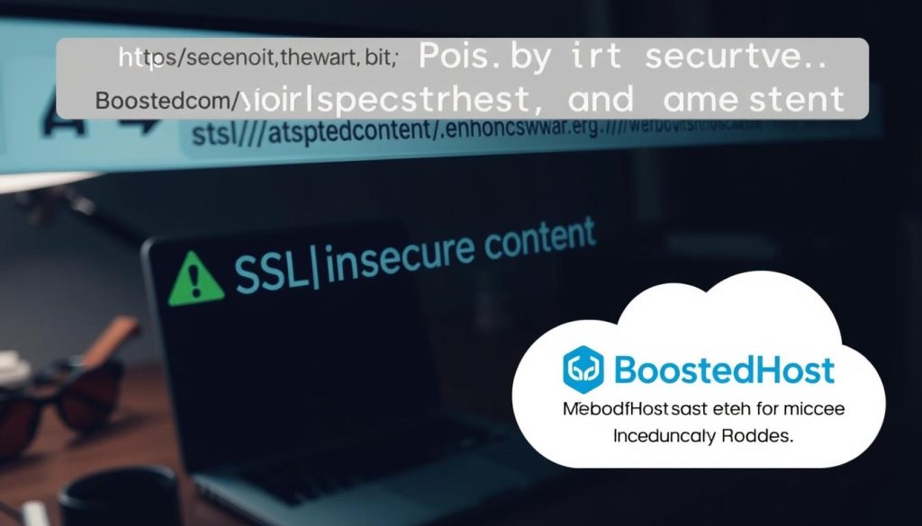 A close-up view of a web browser's address bar, displaying the "SSL insecure content" warning icon. The scene is set in a dimly lit office environment, with a laptop computer and desk accessories visible in the background. The lighting is soft and moody, creating a sense of tension and concern. The BoostedHost logo is prominently displayed in the top right corner, emphasizing the web hosting service's role in addressing this security issue. The overall atmosphere conveys the gravity and importance of resolving mixed content SSL problems on a WordPress website.