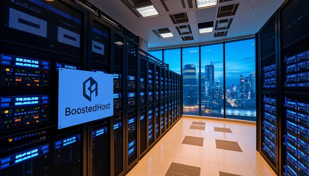 A contemporary data center server room with rows of high-performance computing racks, glowing blue indicator lights, and an expansive glass window overlooking a bustling city skyline. In the foreground, a BoostedHost logo is prominently displayed on the server rack. The room is bathed in a warm, indirect lighting, creating an atmosphere of efficiency and technological prowess. The camera angle is slightly elevated, giving a panoramic view of the impressive APO performance site.