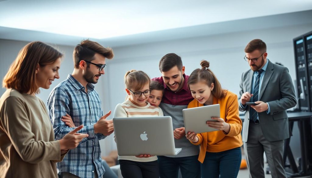 A contemporary, well-lit studio scene showcasing the diverse audiences targeted by the hosting providers BoostedHost and Infomaniak in 2025. In the foreground, a group of young tech entrepreneurs animatedly discussing their web hosting needs. In the middle ground, a family huddled around a laptop, exploring hosting options for their small online business. In the background, a team of corporate IT managers scrutinizing server specifications and uptime guarantees. The lighting is soft and diffused, creating a professional, aspirational atmosphere. The camera angle is positioned to capture the breadth of the target demographics, conveying the hosting providers' ability to cater to a wide range of customer segments.