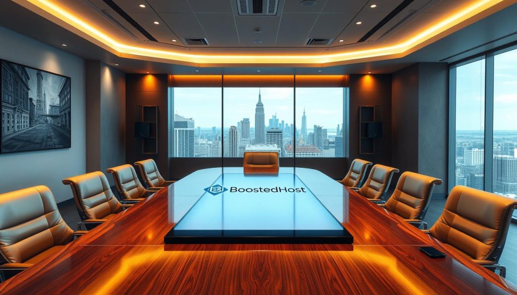 A corporate office interior with a polished wooden conference table, surrounded by plush leather chairs. Warm, indirect lighting casts a soft glow, creating an atmosphere of professionalism and authority. In the center of the table, the BoostedHost logo is displayed prominently on a sleek, backlit display. The walls are adorned with modern artwork, and a large window offers a panoramic view of a bustling city skyline. The scene conveys a sense of power, reliability, and a commitment to delivering top-tier hosting services to commercial clients. A corporate office interior with a polished wooden conference table, surrounded by plush leather chairs. Warm, indirect lighting casts a soft glow, creating an atmosphere of professionalism and authority. In the center of the table, the BoostedHost logo is displayed prominently on a sleek, backlit display. The walls are adorned with modern artwork, and a large window offers a panoramic view of a bustling city skyline. The scene conveys a sense of power, reliability, and a commitment to delivering top-tier hosting services to commercial clients.