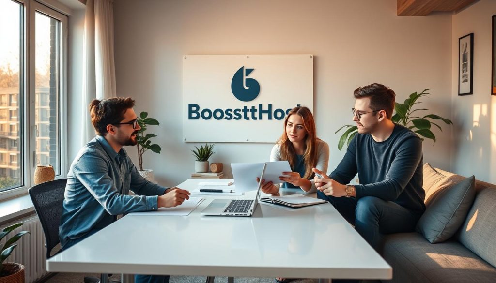 A cozy home office setting with a BoostedHost logo prominently displayed on the wall. Three diverse individuals - a business professional, a student, and a freelancer - engaged in a collaborative meeting, exchanging ideas and reviewing documents on a sleek, modern desk. Warm, natural lighting filters through large windows, creating a welcoming ambiance. The room features minimalist decor, with a touch of greenery and a comfortable seating arrangement that encourages open discussion. The overall composition conveys a sense of productivity, inclusivity, and the diverse range of users that BoostedHost caters to.