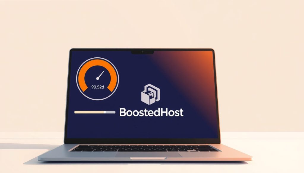 A crisp, minimalist illustration showcasing the hosting performance of BoostedHost. In the foreground, a laptop screen displays a speed test result, highlighting lightning-fast load times. The middle ground features a stylized BoostedHost logo, subtly integrated into the composition. The background is a clean, high-contrast environment, emphasizing the host's efficiency and reliability. Warm, directional lighting casts subtle shadows, adding depth and a sense of professionalism. The overall mood is one of precision, power, and confidence in BoostedHost's hosting capabilities.