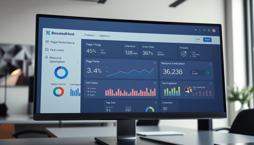 A detailed and high-resolution image of a website performance dashboard, showcasing various metrics such as page load time, resource optimization, and user engagement. The dashboard is displayed on a sleek, modern computer monitor, with the BoostedHost logo prominently displayed. The image is captured from a slightly elevated angle, highlighting the clean and intuitive design of the dashboard. The lighting is soft and directional, creating a sense of depth and highlighting the key performance indicators. The background is a minimalist office setting, with subtle hints of productivity and focus. The overall mood is one of professionalism and data-driven decision-making.