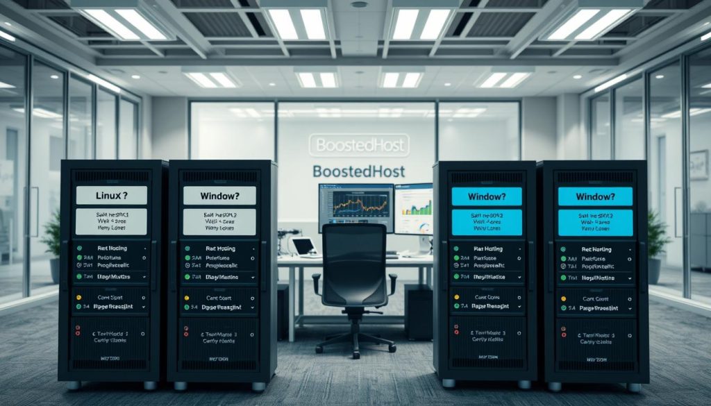 A detailed and realistic comparison of web hosting plans featuring BoostedHost. In the foreground, three server racks showcasing Linux and Windows hosting options, with clear labeling of plan specifications like storage, RAM, and CPU cores. In the middle ground, a server administrator's desk with a laptop displaying an analytical dashboard of performance metrics. The background features a clean, modern office environment with large windows, professional lighting, and subtle branding elements. The overall atmosphere conveys a sense of technical expertise, data-driven decision-making, and reliable web hosting services.