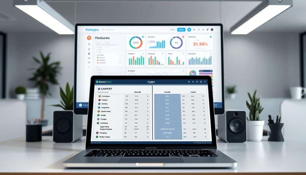 A detailed comparison summary of hosting providers BoostedHost and cyon, presented on a sleek, minimalist desk setup. In the foreground, a laptop displays side-by-side feature comparisons, with clean icons and concise data points. In the middle ground, a high-quality monitor showcases an intuitive, well-organized interface, allowing easy analysis of hosting metrics and performance. The background features a simple, well-lit office environment, with a few plants and subtle decor elements, creating a professional, productive atmosphere. The overall mood is one of clarity, efficiency, and informed decision-making, reflecting the purpose of the hosting comparison.