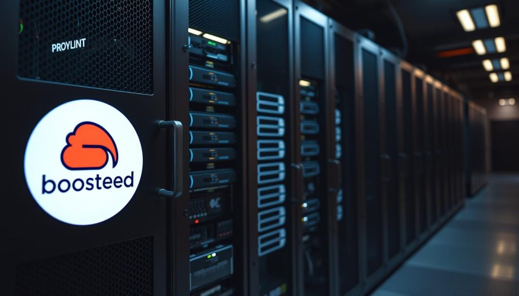 A detailed, high-resolution image of a server rack showcasing the caching architecture of BoostedHost. The foreground features the BoostedHost logo prominently displayed on the front of the server rack, indicating the provider. The middle ground shows the internal components of the server rack, including multiple high-performance SSD drives and advanced cooling systems, conveying the speed and efficiency of the hosting infrastructure. The background depicts a dimly lit data center environment, with subtle lighting and shadows creating a professional, technical atmosphere. The overall scene should convey the technical capabilities and performance-focused nature of the BoostedHost hosting solution.