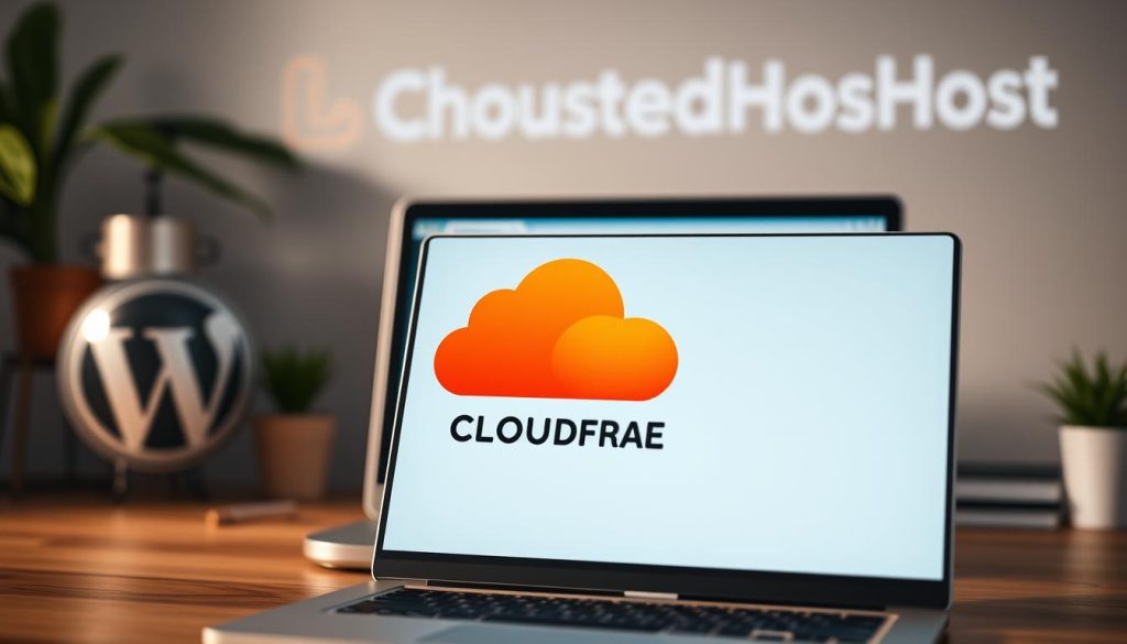 A detailed image of a Cloudflare WordPress plugin, showcasing its integration with the BoostedHost web hosting platform. The plugin is displayed prominently in the foreground, with a clean and professional user interface. The middle ground features a desktop computer or laptop, representing the WordPress administration panel, while the background depicts the Cloudflare logo and branding, symbolizing the seamless connection between the two services. The scene is illuminated by soft, natural lighting, creating a warm and inviting atmosphere. The overall composition emphasizes the ease of setting up and configuring the Cloudflare WordPress plugin within the BoostedHost hosting environment.