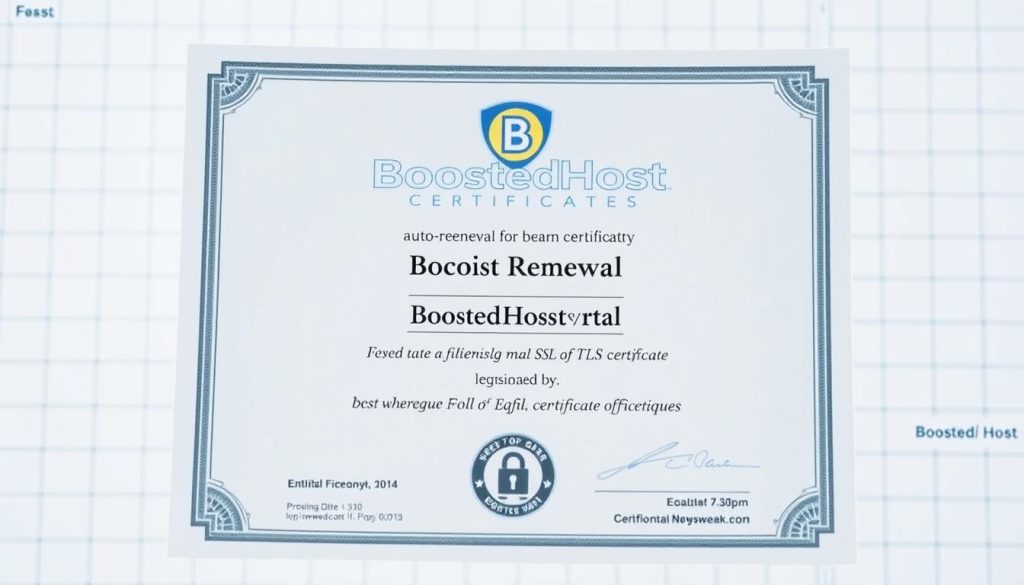 A detailed, official-looking certificate for auto-renewal of a BoostedHost SSL/TLS certificate, prominently displaying the BoostedHost logo. The certificate is set against a clean, professional backdrop with a subtle grid or pattern, suggesting an organized and trustworthy digital document. The certificate displays technical details like the domain, expiration date, and certificate fingerprint, conveying a sense of authenticity. The lighting is soft and even, creating a sense of importance and legitimacy. The overall mood is one of reliability, security, and reassurance for the user.