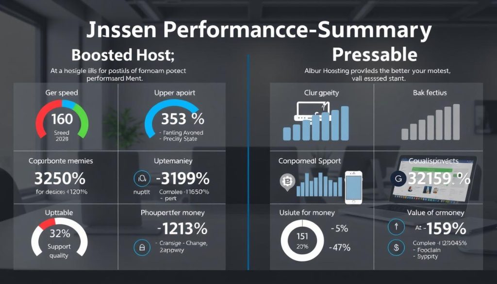 A detailed, realistic performance summary infographic showcasing key metrics for hosting providers BoostedHost and Pressable. The foreground features clean data visualizations highlighting speed, uptime, support quality, and value for money. The middle ground displays sleek devices like laptops and smartphones to emphasize digital performance. The background has a muted, professional office setting with muted lighting and subtle textures. The overall mood is informative, data-driven, and visually appealing to highlight the "At a glance" comparison between the two hosting services.