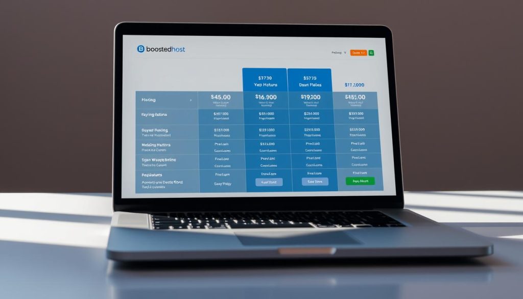 A detailed, realistic web hosting pricing table displayed on a modern laptop screen. The table prominently features the "BoostedHost" brand name, showcasing their various hosting plans, prices, and key features in a clean, visually appealing layout. The laptop is positioned on a minimalist desk, with subtle natural lighting creating soft shadows and highlights. The overall scene conveys a sense of professionalism, clarity, and trust, reflecting the informative nature of the "Best WordPress Hosting Australia (2025): CDN Routing and Edge Caching Explained" article.