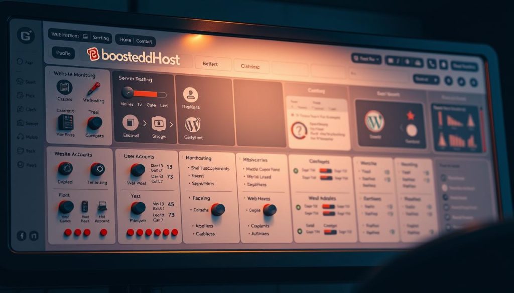 A detailed, sleek control panel with the BoostedHost brand prominently displayed. The panel features a grid of icons and toggles representing various web hosting management functions such as server monitoring, website management, user accounts, and WordPress updates. The panel is illuminated by warm, directional lighting, casting subtle shadows that accentuate the depth and texture of the interface. The overall mood is one of professional, efficient, and user-friendly web hosting administration.
