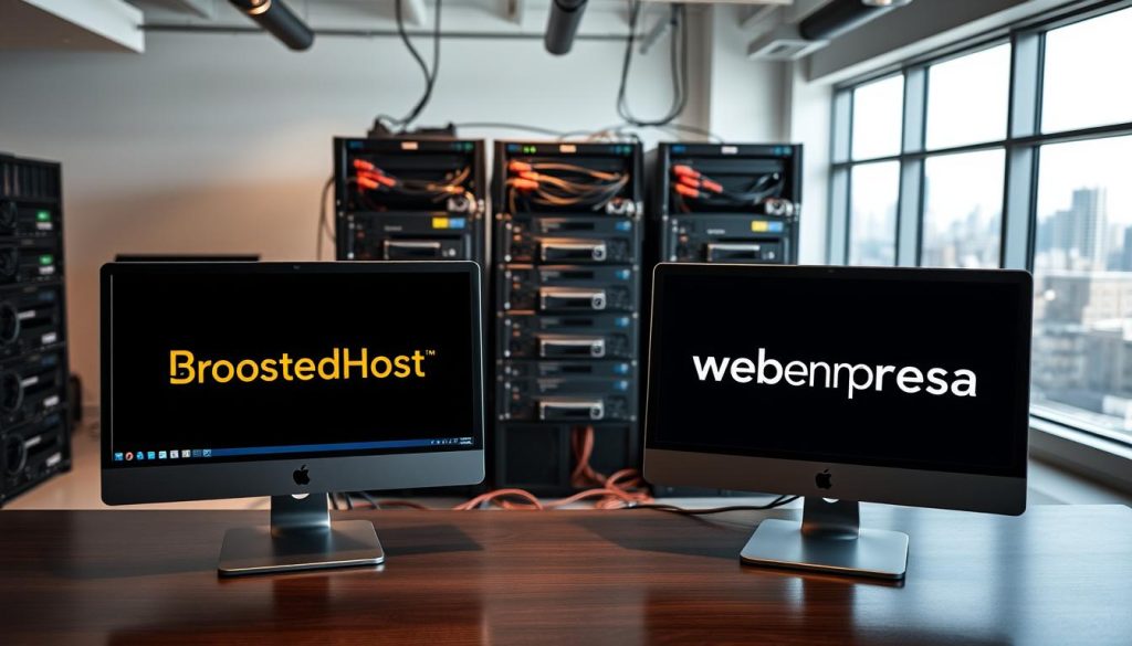 A detailed snapshot of two leading hosting services, BoostedHost and Webempresa, showcased in a well-lit studio setting. The foreground features sleek, modern desktop computers displaying their respective brand logos, evoking a professional, enterprise-level atmosphere. The middle ground captures an array of networking equipment, cables, and servers, conveying the technical infrastructure powering these hosting solutions. In the background, a soft-focus cityscape visible through large windows adds a sense of scale and context. The overall scene exudes a balanced, authoritative tone, reflecting the competitive, yet complementary nature of the hosting providers being compared.