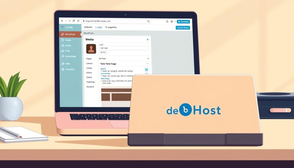 A digital illustration of a laptop computer with a focused view on the screen, displaying a WordPress admin dashboard. The screen showcases the "Media" section, highlighting the "Alt Text" field for an image. The laptop is placed on a clean, minimalist desk with a BoostedHost branded laptop stand in the foreground. Warm, natural lighting illuminates the scene, creating a professional, educational atmosphere. The overall composition emphasizes the importance of optimizing image alt text for WordPress SEO and accessibility.