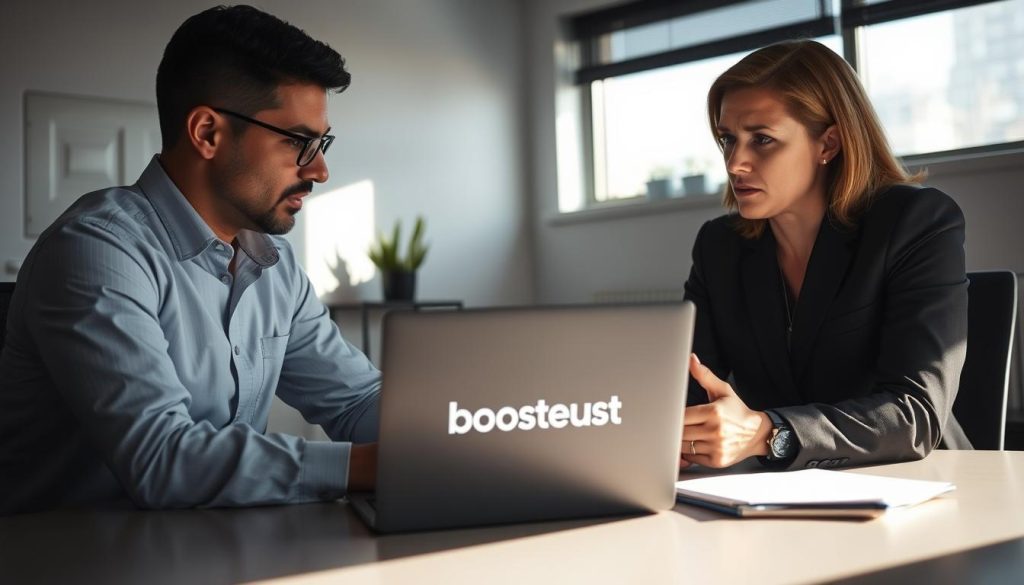 A dimly lit office, a desk with a laptop, and two people engaged in a serious performance review discussion. The BoostedHost logo prominently displayed on the laptop screen. Natural lighting filters in through a nearby window, casting soft shadows across the scene. The expressions on the faces convey a sense of tension and professional evaluation. The overall atmosphere is one of a formal, yet critical analysis of work performance, with a focus on details and metrics. The room is spacious, with subtle hints of modern decor, suggesting a contemporary corporate setting.