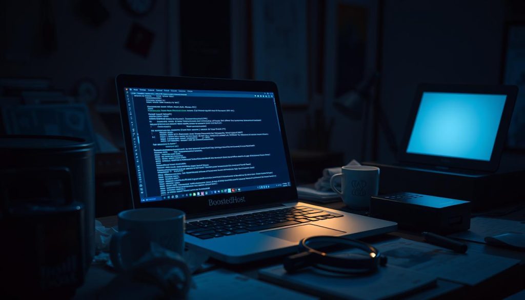 A dimly lit office workspace, with a BoostedHost branded laptop screen displaying a detailed debugging interface. The laptop is positioned on a cluttered desk, surrounded by coffee mugs, crumpled papers, and a magnifying glass. Soft blue and green hues emanate from the screen, casting a contemplative glow across the scene. The overall atmosphere is one of intense focus, as the user delves into the intricacies of troubleshooting a complex software issue. The image conveys the dedication and skill required to master the art of debugging like a pro.