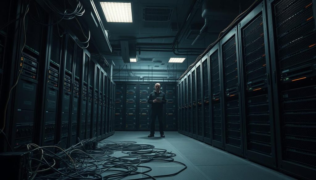 A dimly lit server room, filled with the hum of cooling fans and the flickering of status lights. In the foreground, a tangle of cables snakes across the floor, leading to a rack of aging BoostedHost servers, their cases scuffed and worn. The middle ground reveals a lone system administrator, brow furrowed in concentration as they monitor the dashboard, their fingers dancing across the keyboard. In the background, rows of identical racks stretch into the shadows, a testament to the scale and complexity of the shared hosting infrastructure. The lighting is harsh, casting deep shadows and creating a sense of tension and unease. The overall atmosphere conveys the challenges of maintaining a high-performance hosting environment, where every detail matters in ensuring a smooth and seamless user experience.