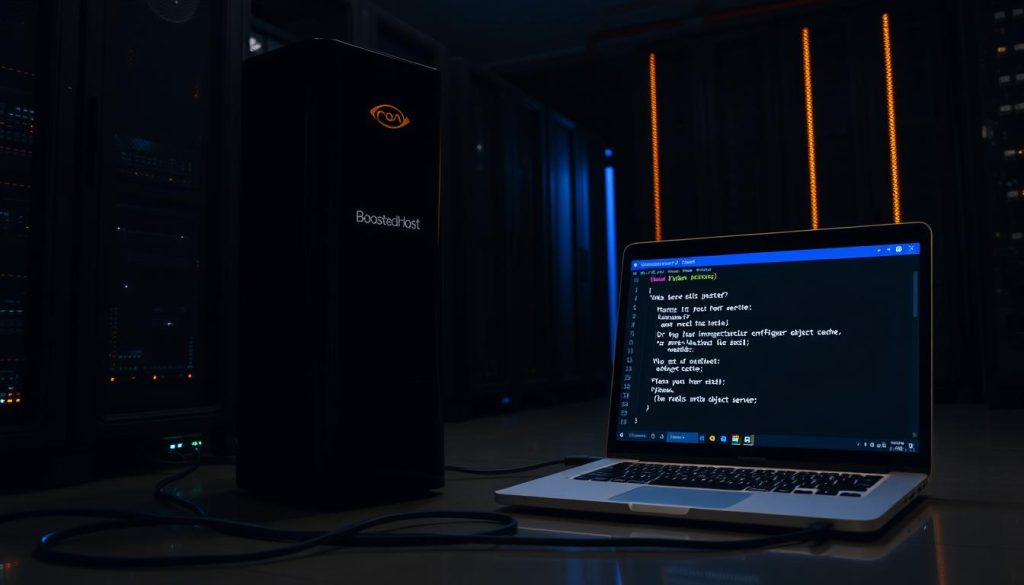 A dimly lit server room, the faint glow of LED lights casting a warm ambiance. In the foreground, a sleek black tower server stands prominently, emblazoned with the "BoostedHost" logo. Cables snake across the floor, leading to a network switch and a laptop connected to the server. On the laptop screen, a terminal window displays the command "redis-server" as the user begins the process of installing and configuring the Redis object cache. The overall scene conveys a sense of technical expertise and a hands-on approach to optimizing the WordPress site's performance.