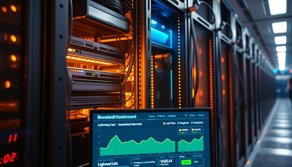 A dynamic and high-performance server hosting a website, showcasing the speed, responsiveness, and power of the BoostedHost platform. The scene depicts a server rack bathed in warm lighting, with sleek hardware components and intricate cable management. In the foreground, a monitor displays real-time performance metrics, indicating lightning-fast load times and seamless user interactions. The background subtly suggests a busy data center environment, with a sense of energy and technological prowess. The overall atmosphere conveys a sense of reliability, efficiency, and cutting-edge technology, perfectly encapsulating the superior performance of BoostedHost.