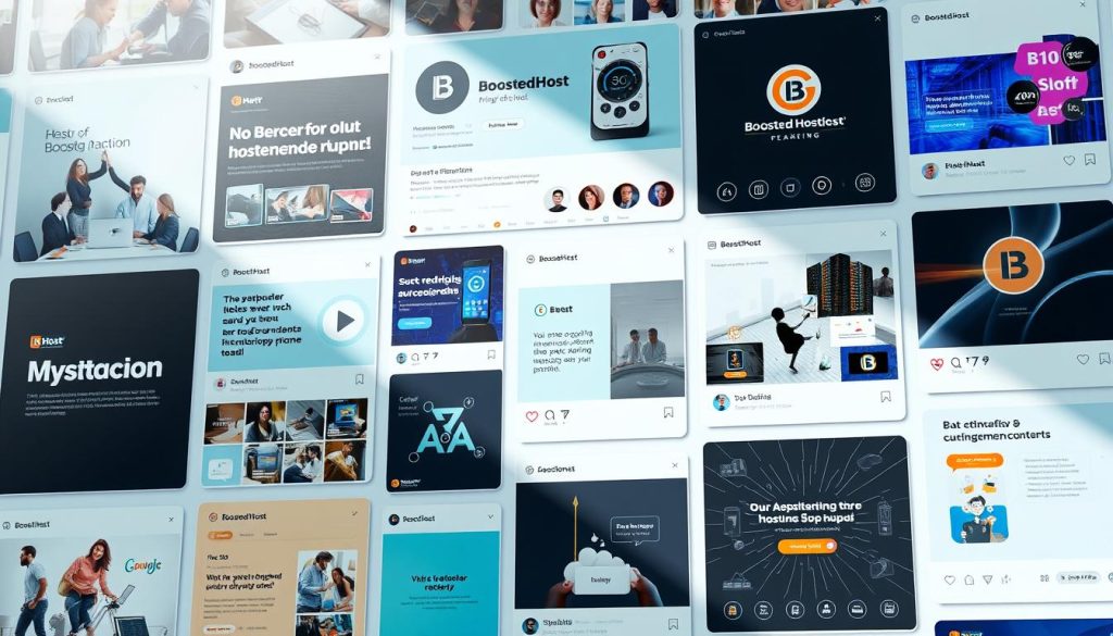 A dynamic and vibrant social media feed showcasing various digital content assets for the BoostedHost brand. The feed features a visually captivating grid layout, with high-quality images, short-form video clips, and eye-catching graphics. The content covers a wide range of topics, from hosting service updates and industry insights to customer success stories and brand-building posts. The overall aesthetic is modern, clean, and on-brand, with a cohesive color palette and a professional, yet approachable tone. The lighting is bright and natural, creating a sense of energy and engagement. The camera angle is slightly elevated, providing an optimal view of the social media content and highlighting its visual appeal.