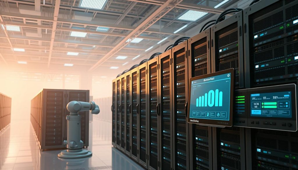 A dynamic, cloud-based data center with modular, BoostedHost-branded server racks. Racks are arranged in tidy rows, illuminated by soft, diffuse lighting. The foreground showcases an AI-driven control panel, with real-time metrics and scaling options. In the middle ground, robotic arms efficiently manage server workloads. The background depicts a vast, open-plan facility, with towering ceilings and a subtle haze, evoking a sense of power and flexibility. The overall atmosphere conveys effortless, on-demand capacity scaling to meet fluctuating user demands.