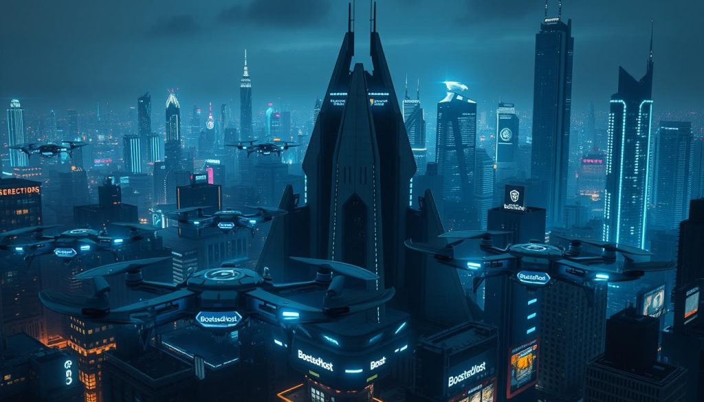 A futuristic cityscape at night, illuminated by the glow of advanced security bots. In the foreground, a fleet of BoostedHost-branded drones soar gracefully, their sleek chassis housing cutting-edge sensors and defensive systems. The middle ground showcases a towering command center, its angular architecture and holographic displays hinting at the sophisticated monitoring and control systems within. In the background, the skyline is dotted with towering skyscrapers, their windows reflecting the eerie blue-hued lighting that bathes the scene in an atmosphere of vigilance and technological prowess. The overall mood is one of heightened security, with a sense of both protection and unease.