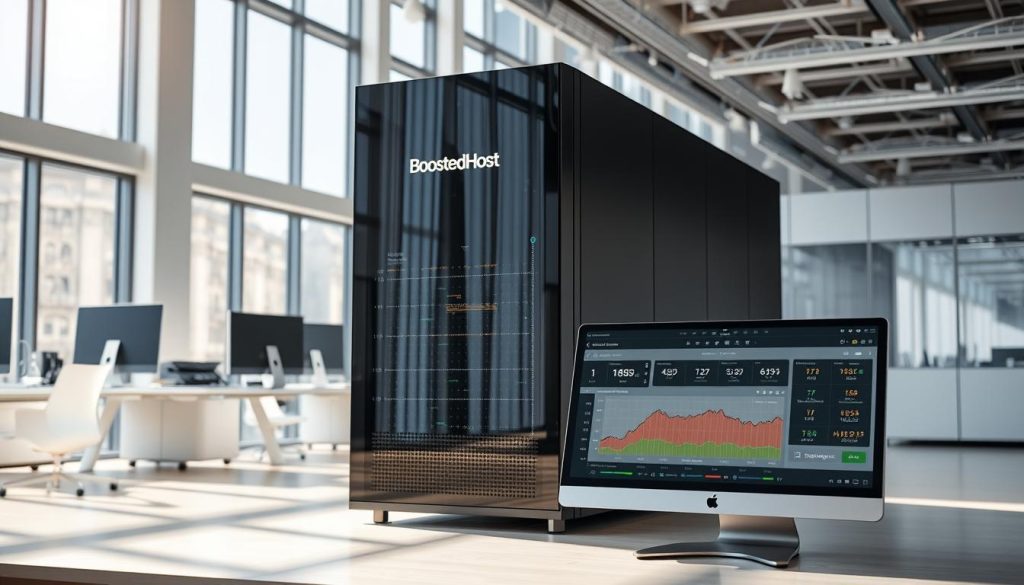 A gleaming server rack adorned with the "BoostedHost" logo stands proudly in a pristine, well-lit office space. Sunlight filters through large windows, casting a warm glow on the sleek, modern workstations and minimalist decor. The server's blinking lights and whirring fans convey a sense of reliable, high-performance computing. In the foreground, a desktop computer displays detailed performance metrics, showcasing the server's impressive speed and efficiency. The overall scene exudes a professional, Swiss-engineered atmosphere, reflecting the "Quick Verdict: Swiss Performance vs Budget Roots" section of the article.