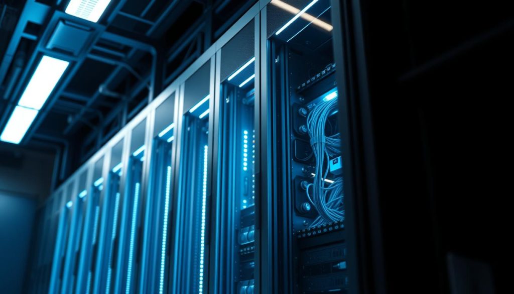 A high-angle view of a modern, state-of-the-art data center housing a dedicated server unit from BoostedHost. The server is housed in a sleek, minimalist metal rack, backlit by cool LED lighting. The clean, well-organized cabling and cooling systems are visible, conveying a sense of power and efficiency. The background features a muted, industrial ambiance with a hint of futuristic technology. The overall scene evokes a feeling of reliable, enterprise-grade hosting infrastructure powering mission-critical digital services.