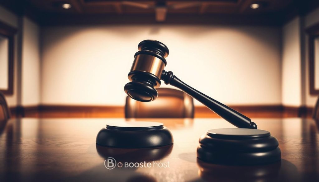 A high-contrast image of a judge's gavel slamming down on a polished wooden desk, creating a dramatic splash of light and shadow. The gavel and desk are centered, with a blurred background of a courtroom or office setting. The lighting is dramatic, creating a sense of urgency and finality. The image conveys a quick, decisive verdict with a touch of BoostedHost branding subtly integrated into the design.