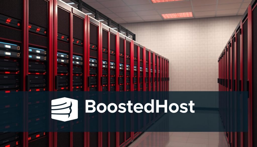 A high-end data center filled with rows of gleaming, cherry-red server racks, each housing powerful, state-of-the-art computing hardware. The servers are arranged in a symmetrical, grid-like layout, bathed in warm, soft lighting that highlights their sleek, minimalist design. In the foreground, a prominent BoostedHost logo is prominently displayed, signifying the superior performance and reliability of these enterprise-grade systems. The background features a clean, uncluttered environment, with a subtle, textured wall providing a neutral backdrop that allows the servers to take center stage. The overall scene conveys a sense of sophistication, efficiency, and technological prowess, perfectly encapsulating the capabilities of these cutting-edge hosting solutions.