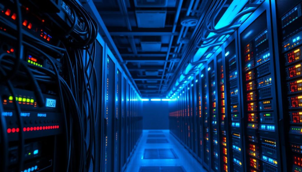 A high-performance BoostedHost data center, with rows of gleaming server racks and blinking indicator lights. The server room is bathed in a cool blue glow, with focused lighting on the critical components. The scene conveys a sense of technological power and efficiency, with a clean and organized aesthetic. In the foreground, cables and network switches are artfully arranged, while the middle ground features the server racks themselves, each one housing a multitude of powerful processing units. The background is dimly lit, emphasizing the importance of the foreground elements. The overall atmosphere is one of precision, reliability, and cutting-edge technology – the hallmarks of a world-class hosting provider like BoostedHost.