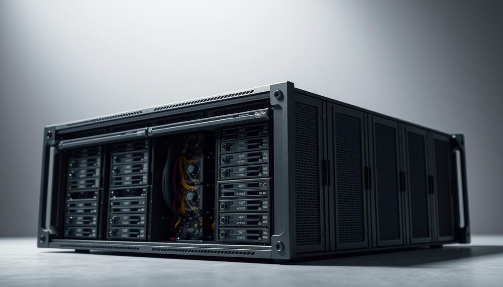 A high-performance BoostedHost server rack, meticulously engineered for lightning-fast web hosting. The sleek, charcoal-grey chassis houses cutting-edge LiteSpeed web server technology, ensuring minimal latency and global TTFB optimization. Soft, directional lighting illuminates the server's intricate components, casting subtle shadows that convey a sense of power and efficiency. The camera angle emphasizes the server's depth, capturing its robust construction and attention to detail. The background fades into a muted, monochromatic palette, allowing the server to take center stage as the focal point of this high-performance hosting solution.