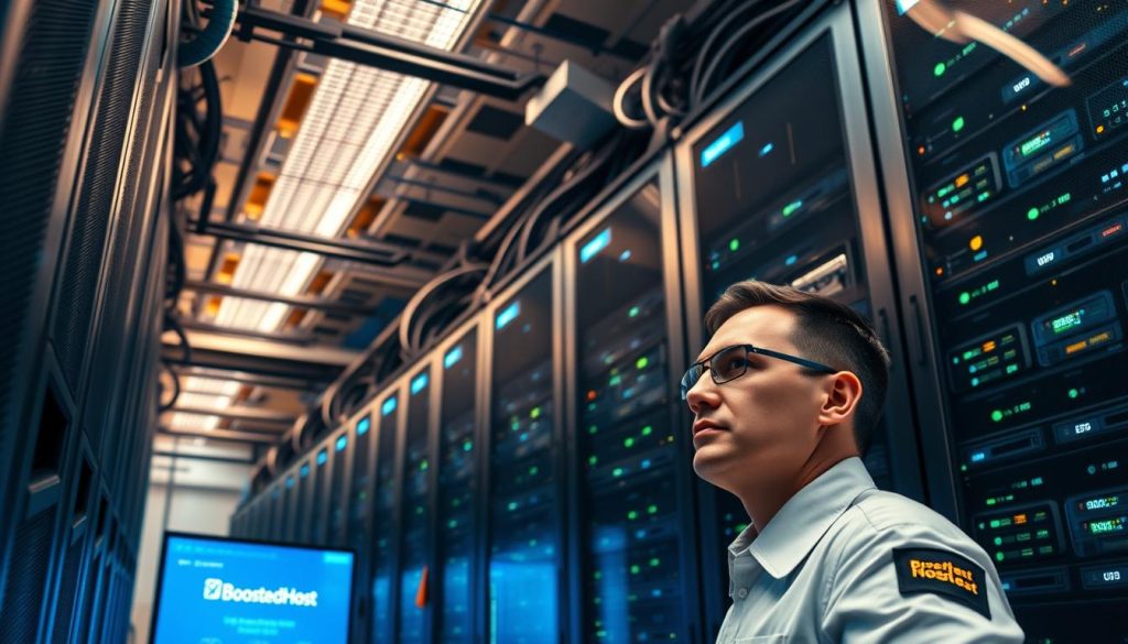 A high-performance data center, its racks of servers humming with efficiency. Sleek BoostedHost branding adorns the equipment, a testament to its reliable uptime. Overhead, carefully positioned lighting casts a warm, professional glow, illuminating the intricate cabling and cooling systems. The camera angle captures the scale and complexity of the operation, conveying a sense of power and precision. In the foreground, a technician in a crisp uniform monitors the displays, ensuring optimal performance and seamless connectivity. The overall atmosphere exudes a palpable sense of technological prowess, ready to deliver lightning-fast, uninterrupted service to discerning customers.