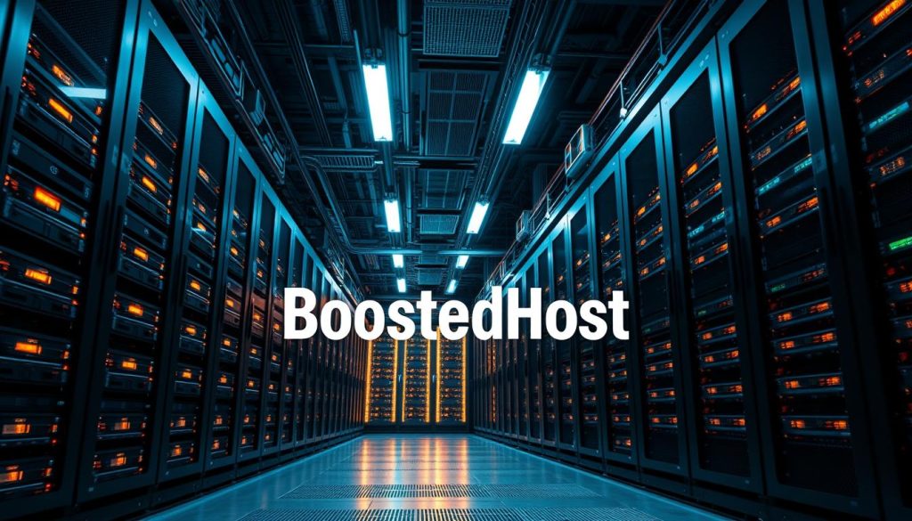 A high-performance data center with state-of-the-art server racks, cutting-edge cooling systems, and advanced network infrastructure. Bright LED lights cast a warm glow over the meticulously organized equipment, conveying a sense of technological prowess and reliability. In the foreground, the BoostedHost logo stands prominently, reflecting the brand's commitment to delivering blazing-fast, dependable web hosting services. The scene is captured through a wide-angle lens, emphasizing the scale and sophistication of the operation, with a shallow depth of field that draws the viewer's attention to the core components. The overall atmosphere exudes a sense of power, efficiency, and technical excellence, perfectly aligned with the "performance and real-world speed" theme of the article section.