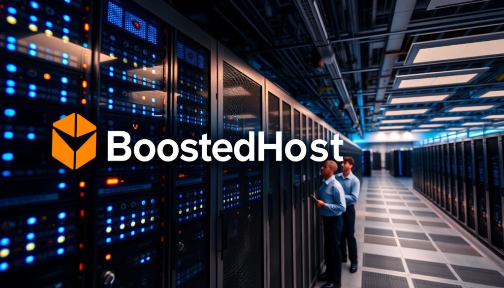 A high-performance hosting infrastructure with sleek, modern servers in a climate-controlled data center. The BoostedHost logo prominently displayed, conveying a sense of power and reliability. In the foreground, a server rack with glowing blue indicator lights, casting a warm glow. In the middle ground, technicians in uniforms carefully monitoring the equipment, their expressions focused and professional. The background features a panoramic view of the data center, with rows of server racks receding into the distance, all bathed in a cool, industrial lighting. The overall atmosphere exudes a sense of efficiency, cutting-edge technology, and a commitment to delivering exceptional hosting performance.