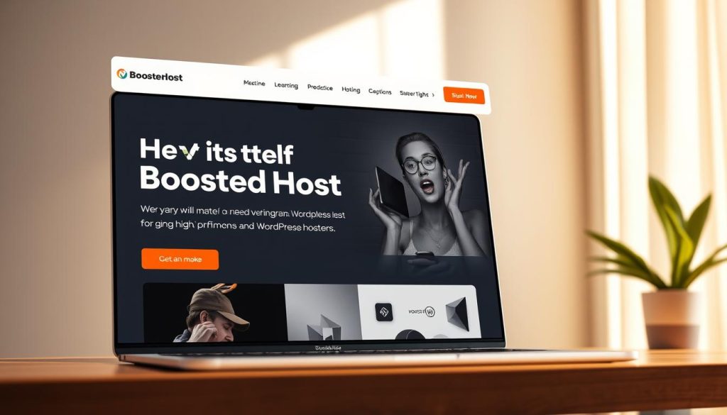 A high-performance, modern web interface displays a detailed preview of the BoostedHost website. Sleek and minimalist design elements, including a clean navigation menu, hero section, and content blocks, are visible. The layout showcases a sophisticated visual hierarchy, with carefully curated typography and imagery. Subtle animations and micro-interactions add a touch of dynamic elegance. Warm, natural lighting bathes the scene, creating a sense of inviting professionalism. The preview conveys the technical capabilities and exceptional user experience that BoostedHost offers for high-performance WordPress hosting.